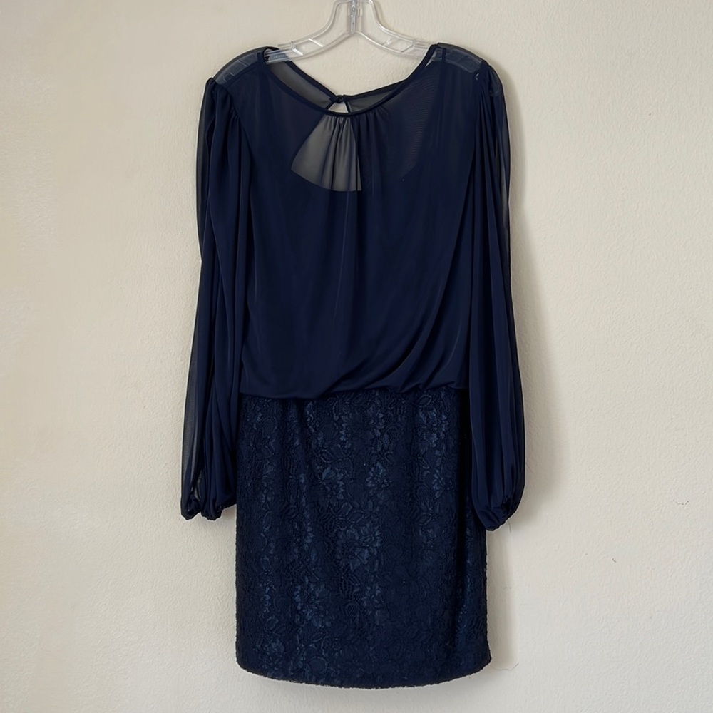 Xscape By Joanna Chen Navy Blue Lace Dress